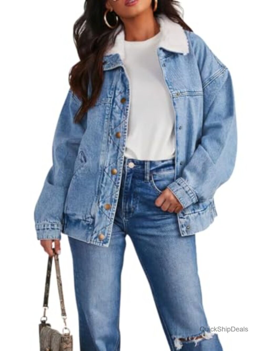 Oversized Faux Fur Collar Denim Jacket Sherpa Lined Trucker Coat
